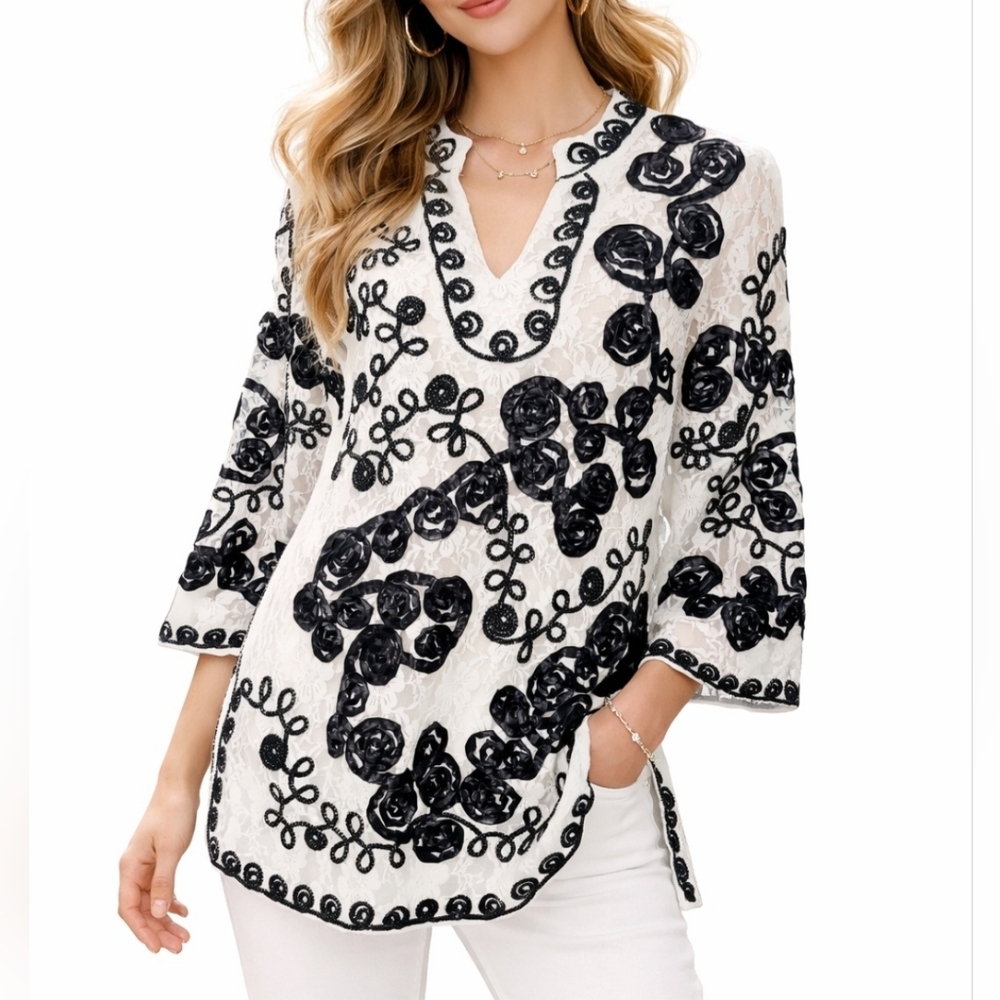 Womens Lace Tunic Top XL Black White Floral Embellished Sheer Boho 3/4 Sleeve